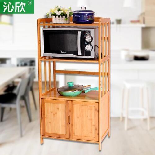 Qin Yan bamboo shelf microwave oven shelf with door compartment lockers wood kitchen storage rack multifunction oven