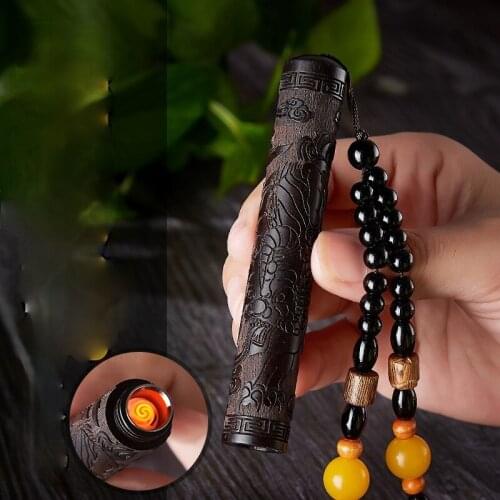 Retro Ebony Blowing Ignition Personalized Wood Carving USB Charging Cigarette Lighter Regalos Para Hombre Originales Encendedor
