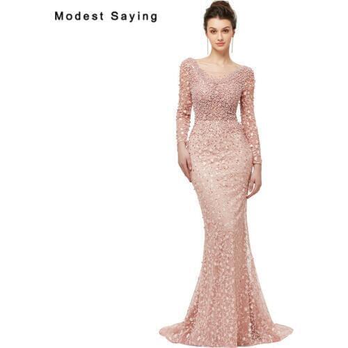 Romantic Nude Pink Mermaid Long Sleeve Pearls Lace Evening Dresses 2018 with Low Back Embroidery Party Prom Gowns Custom Made