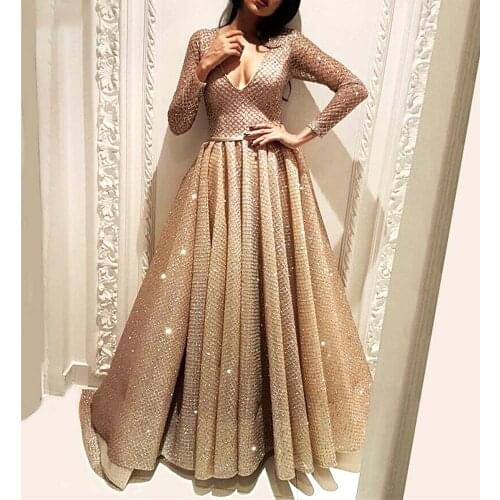 Sexy Deep V Neck Muslim robe de soiree Arabic Long Sleeves A Line Gold Color Glitter Fabric With Sashes Formal Party Prom Gowns