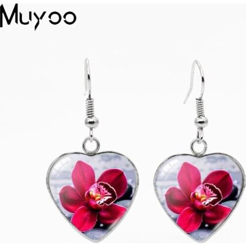 2021 New Painting Red Rose Flowers Oil Painted Handcraft Stainless Steel Heart Dangle Earrings