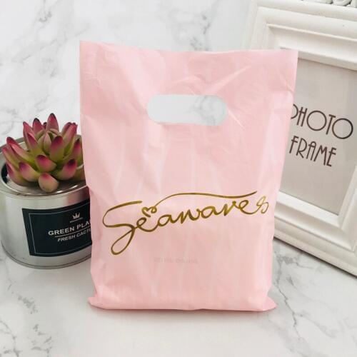 Light Pink Gold Letters 15x20cm Plastic Gift Bag With Handles Jewelry Plastic Gift Handle Bags For Shops 100pcs