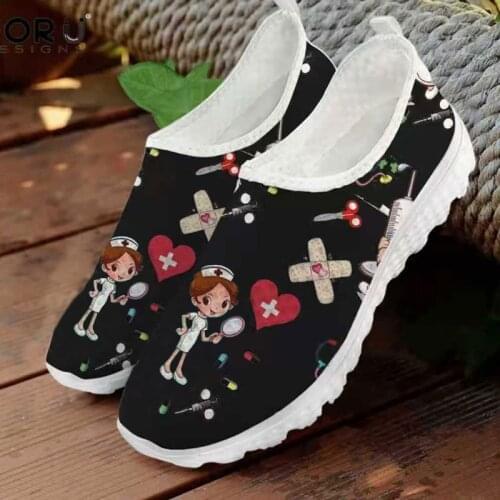 Cartoon Nurse Shoes Doctor Print Women Loafers Slip on Mesh Shoes Summer Breathable Flat Shoes Zapatos Shoes Light Walking Shoes