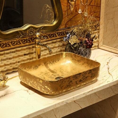 Golden Venus Snowflake Art Above Counter Basin European Ceramic Washbasin Rectangular Basin Home Above Counter Basin