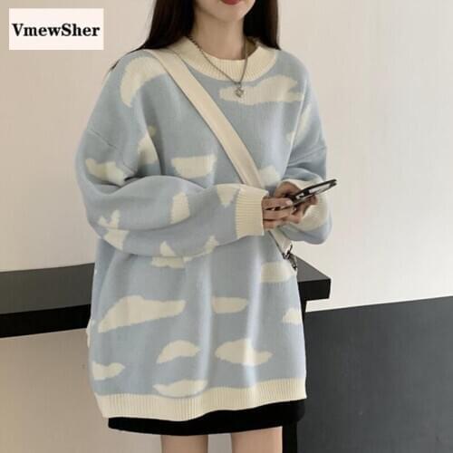 VmewSher New Autumn Winter Women Sweater Cloud Pattern Knit Top Long Sleeve O-Neck Fashion 2020 New Loose Lady Elegant Knitwear
