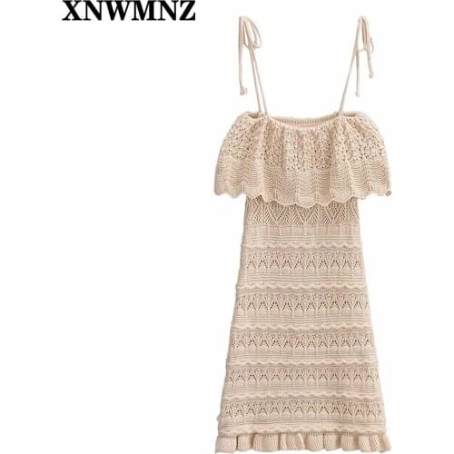 XNWMNZ Za Women 2021 Chic Fashion ruffled knit mini dress Vintage straight neck straps with adjustable tie Female dresses Mujer