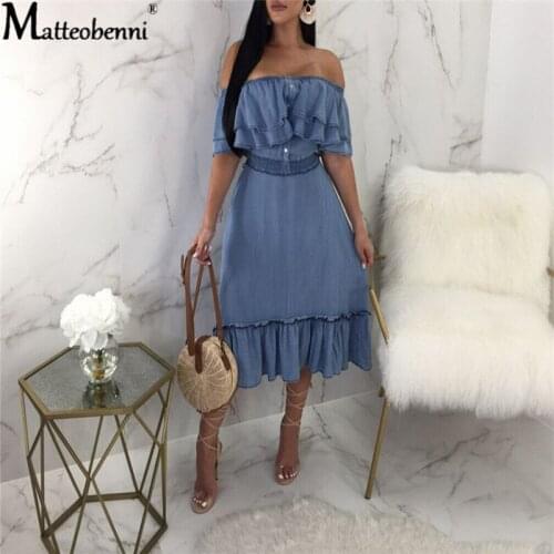 Spring 2021 New Womens Breast-Wrapped Denim Skirt Womens Ruffle Stitching Button Dress Casual Fashion Elegant Nostalgic Dress