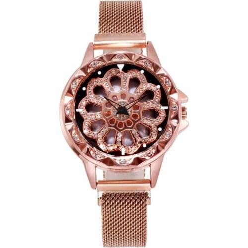 2021 Fashion Time to Rotate Watch Gypsophila 360 Degree Rotating Diamond Hollow Dial Casual Quartz Movement Ladies Watch Gift