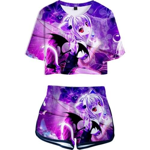 Popular 3D Anime High School DxD Womens Two Piece Sets Exposed Navel t shirt+Shorts Casual Summer Girls Sexy Cartoon Suits