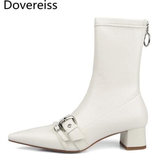 Dovereiss Fashion Womens Shoes Winter Sexy Elegant Concise Buckle Mature Beige Pointed toe Zipper Chunky heels Ankle boots33-40