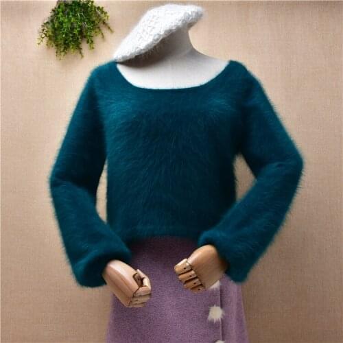 Female women fashion green autumn winter hairy mink cashmere knitted short style crop top pullover jumper sweater pull tops