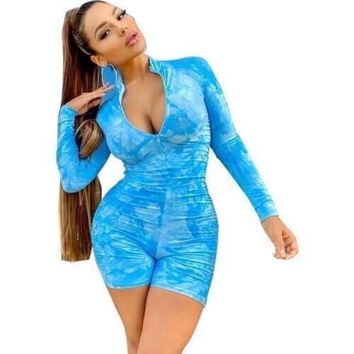 Simenual Tie Dye Ruched Casual Biker Shorts Rompers Women Long Workout Active Wear Skinny Playsuit Fashion Bodycon Yoga sets