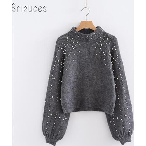 2018 Pearl Beaded Loose Jumper Grey Crew Neck Lantern Sleeve Autumn Winter Women Sweaters and Pullovers Women Tops Brieuces