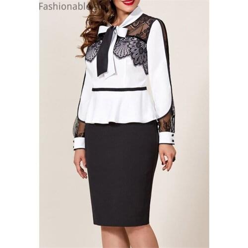 Oversize Women Lace Patchwork Bow Collar Long Sleeve Pencil Dress