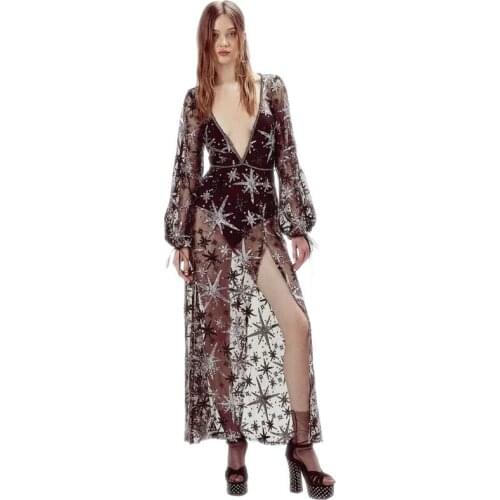 2019 Summer Women Hexagram Lace Embroidery Sexy V-neck Split Dress Sheer Mesh Dresses See-through Black Long Sleeve Vestidos