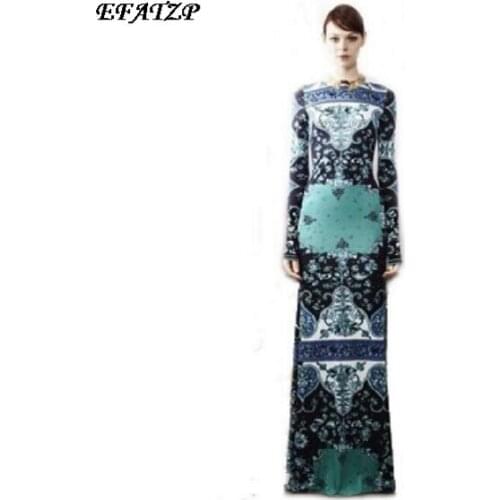 [EFATZP] Runway High Street Fashion Womens Long Sleeve Slash Neck Vintage Geometric Jersey Silk Dress Floor Length Sheath Dress