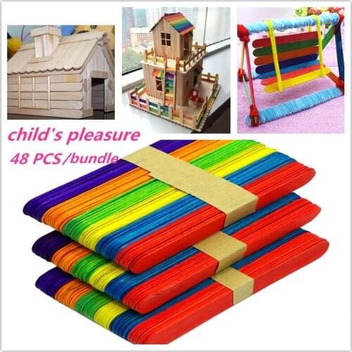 48 Pcs Wooden Popsicle Sticks For Party Kids DIY Crafts Ice Cream Pops Making Puzzle Toy