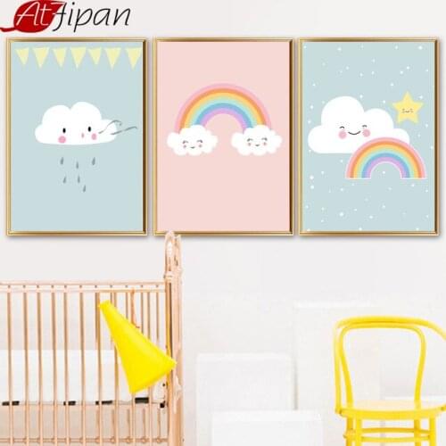 Atfipan Framed Cloud Rainbow Nordic Poster Wall Art Painting Minimalist Cartoon Canvas Art Nordic Poster Nursery Room Decor