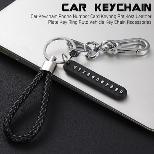 Anti-lost Car Keychain Phone Number Card Keyring Leather Bradied Phone Number Plate Key Ring Auto Vehicle Key Chain Accessories