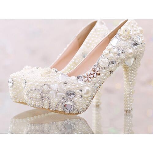 Handmade High Heels Elegant Rhinestone Platform Bridal Dress Shoes Adult Ceremony Party Pumps Pretty White Pearl Wedding Shoes