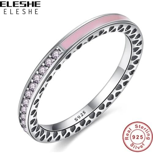 ELESHE Authentic 925 Sterling Silver Radiant Hearts Light Enamel & Clear CZ Finger Ring Women Girls Wedding Fashion Jewelry