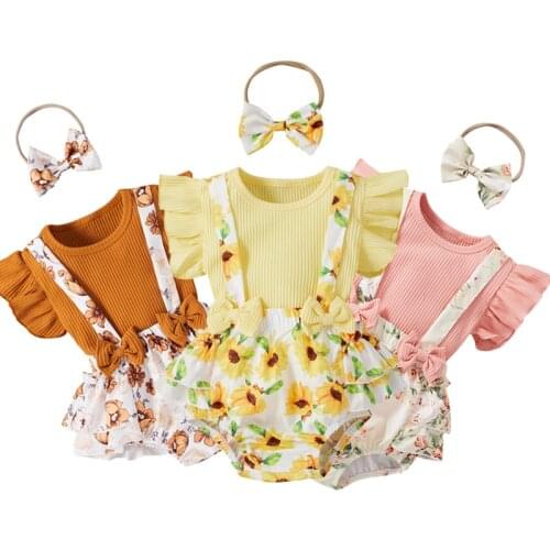 2021 New Summer Toddler Clothes Sets Newborn Baby Girls Knitted Fly Sleeve T-Shirts Tops Suspenders Shorts Headband 3pcs Outfits