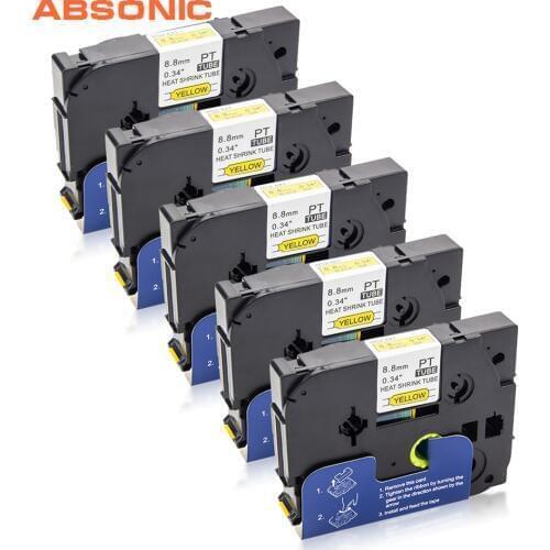 Absonic 5PCS HSe-621 Heat Shrink Tape Cartridge Black on Yellow 8.8mm*1.5m Compatible Brother P-touch Label Printer Lable Maker