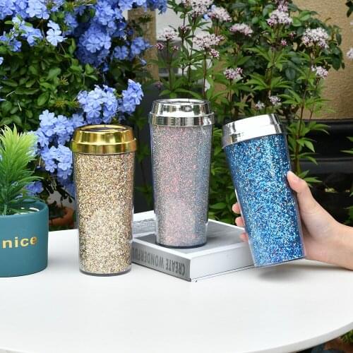 Creative portable double-layer plastic ready-to-hand cup water cup glitter flashing coffee cup car cup travel cup wedding gift