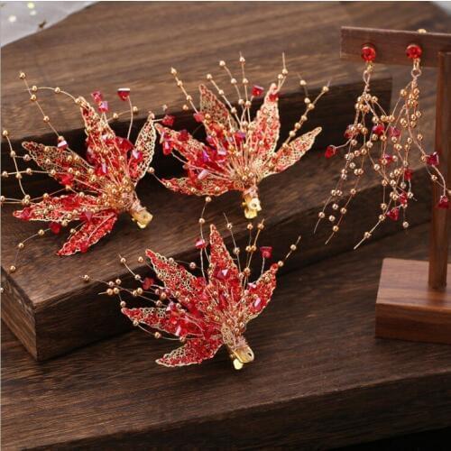 New Design Chinese Red Flower Wedding Bridal Hair Clip Handmade Decorations In Hair Jewelry Accessories For Women with earrings