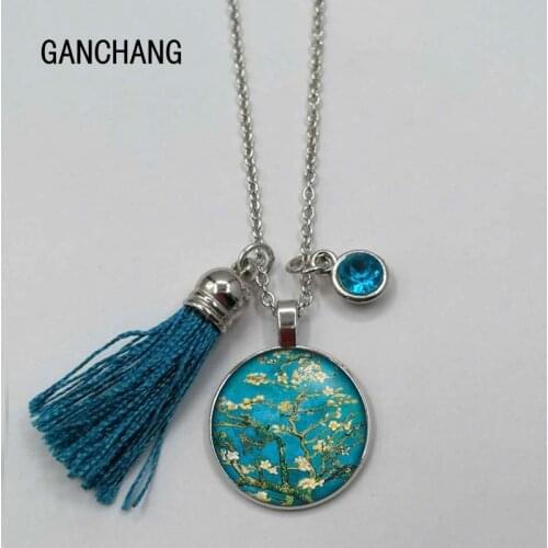 Fringed Christmas stone cabochon pendant necklace, Van Gogh necklace / keychain, necklace blue, delicate necklace / keychain