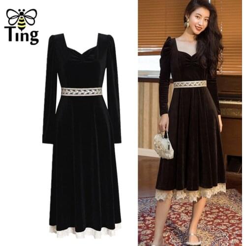 Tingfly 90S Retro Elegant Women Soft Girl Lace Patchwork A Line Velvet Dress Vintage Slim Knee Length Black Velour Dress Elbise