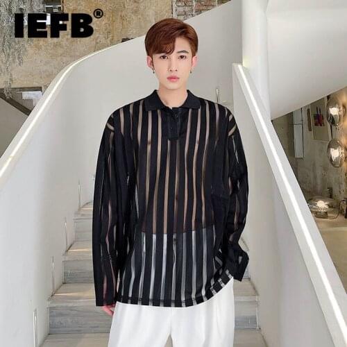 IEFB Nightclub Personalized Mesh Perspective Clothes Korean Loose Long Sleeve Sunscreen Tops Hollow Out Polo Shirt Black 9Y9178