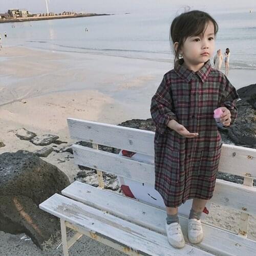 Girls' shirts plaid shirt skirt long coat autumn new childrens clothing collar shirt girls blouse