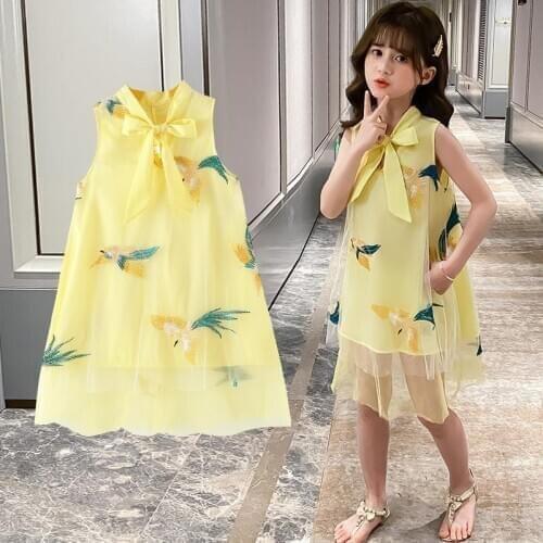 Childrens clothing new summer dress girls mesh sleeveless kids clothes printed bow chiffon dress 3-12