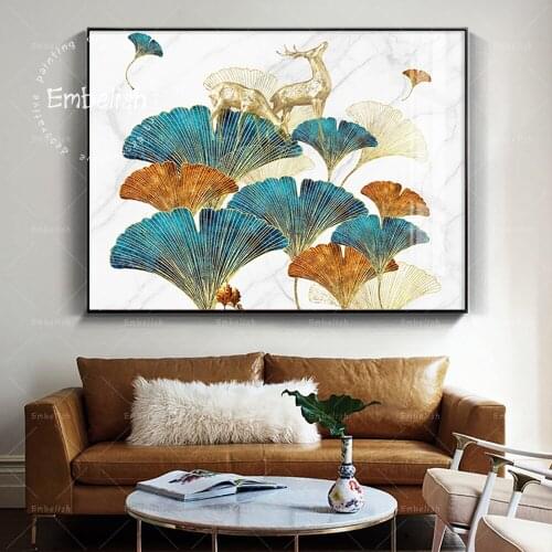 Embelish Blue And Golden Leaf Abstract Deer Wall Art Pictures For Living Room Artwork Home Decor HD Spray Canvas Painting Poster
