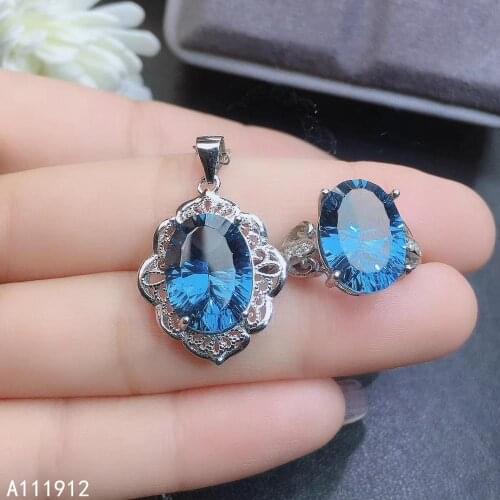 KJJEAXCMY fine jewelry natural blue topaz 925 sterling silver women pendant necklace chain ring set support test lovely