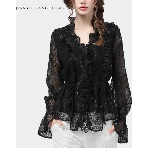 2020 Autumn New Women Lace Shirt Hollow Out Sexy Tops Ruffles V-Neck Elastic Waist Lantern Sleeve Blouses Elegant Temperament
