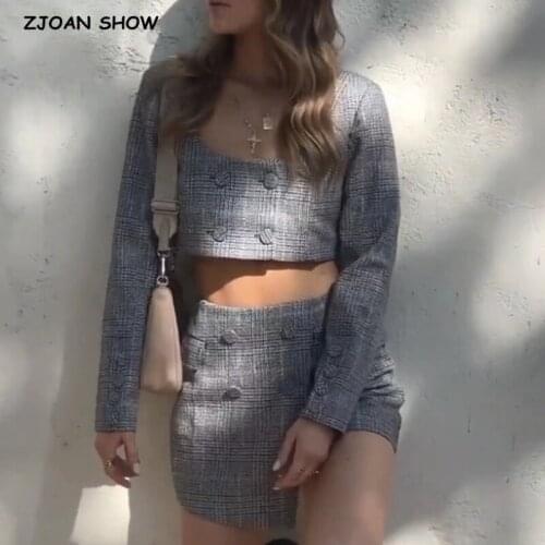 Sexy Buttons Cropped Women Check Plaid Woolen Blazer Irregular Cross Slit Mini Skirt Long Sleeve Suits 2 Pieces Set Retro
