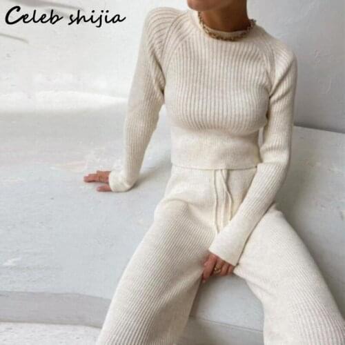 SHIJIA Beige 2 Piece Sets Winter O-neck Sweater + Elastic Waist Pants Female Korean Solid Pant Sets Autumn Slim Vintage Knitwear