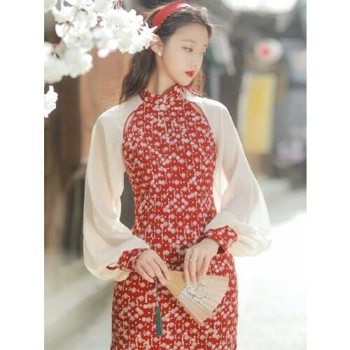 Sweet Vintage Palace Style Women Long Cheongsams Long Sleeve Spring Autumn Lady Qipao Dress Elegant Slim Floral Robe Cheongsams