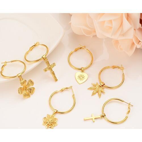 Gold Round Circle Earrings Religious cross elephant flower leafPendant Drop Dangle Earring For Women Ear Piercing Jewelry gifts