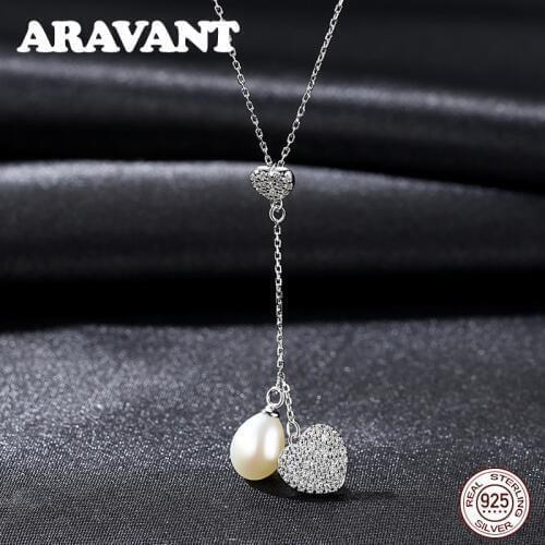 100% Genuine 925 Sterling Silver Love Heart Freshwater Pearl Long Pendant Charm Necklace For Women Luxury Pearl Jewelry Gifts