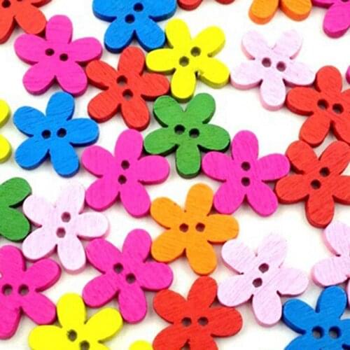 100Pcs Mixed Color Flower 2 Holes Wooden Sewing Craft Scrapbooking DIY Buttons