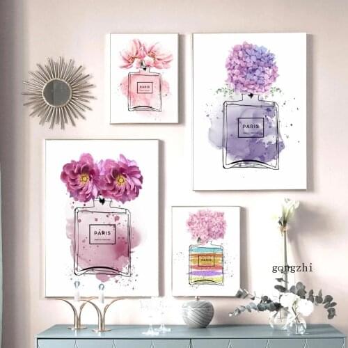 Watercolor Abstract Paris Perfume Poster Pink Purple Flower Canvas Painting Fashion Wall Art Pictures Bedroom Living Room Decor