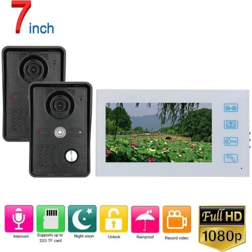 White Video Intercom System Kit 7 inch Record Wired Video Door Phone Doorbell Intercom System with 2pcs AHD 1080P Camera