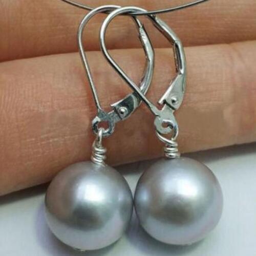 Free shipping>>>>noble jewelry AAA 9-10mm Natural Silver gray Round Pearl Earrings 14K/20 YELLOW GOLD hook