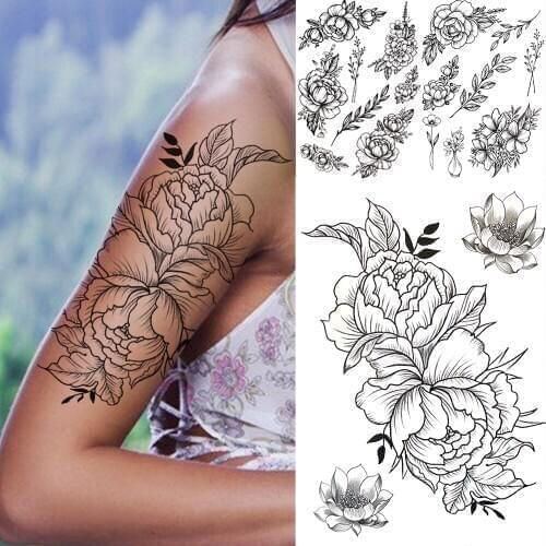 Large Peony Flower Temporary Tattoos For Women Girl Fake Dahlia Lotus Rose Tattoo Sticker Black Flora Leaves Tatoos Half Sleeve
