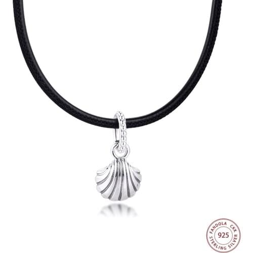 Black Leather Seashell Choker Necklace Colares 925 Sterling Silver Pendants Necklaces for Women Fine Jewelry 38CM Bijoux Femm