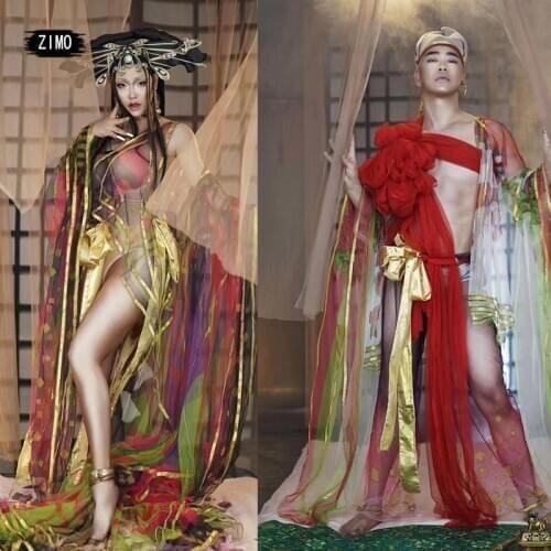 Chinese ancient style hanfu adult women man tulle outfits sexy dance costume headwear coat fairy drag queen festival stage show