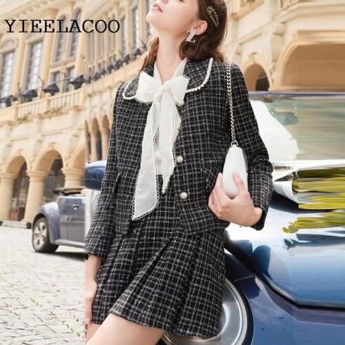 Black plaid Professional suit tweed jacket + skirt suit Autumn / Winter womens jacket Business ladies 2 piece Elegant Skirt Set